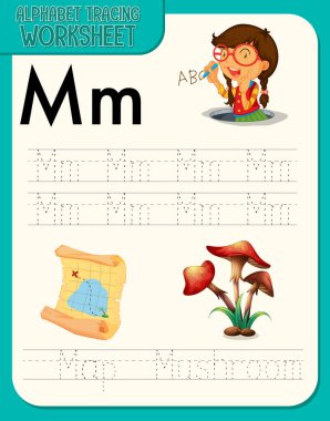 Harf ve kelime örnekleme ile alfabe izleme çalışma tablosu