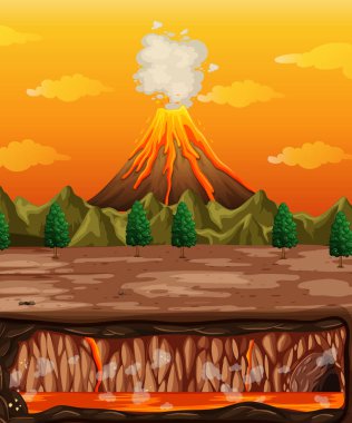 Volcano eruption and underground scene illustration clipart