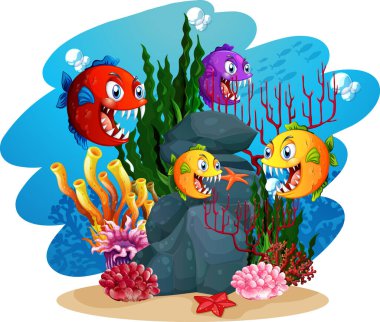 Birçok egzotik balık karikatür karakteri sualtı arkaplan resimlerinde