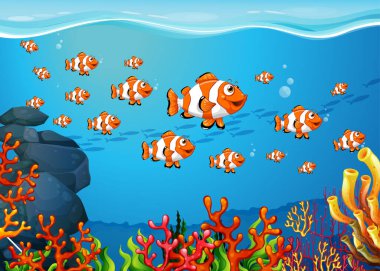 Birçok egzotik balık karikatür karakteri sualtı arkaplan resimlerinde