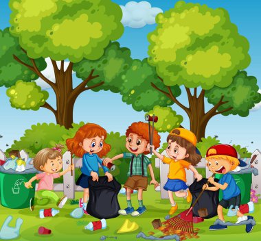 Bir grup gönüllü çocuk parkın resimlerini temizliyor.