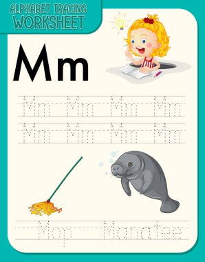 Harf ve kelime örnekleme ile alfabe izleme çalışma tablosu