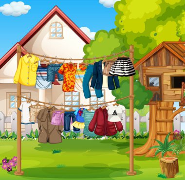 Çamaşır ipinde asılı kıyafetlerle evin önünde.