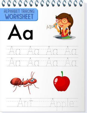 Harf ve kelime örnekleme ile alfabe izleme çalışma tablosu