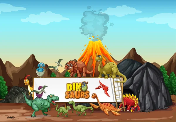 Dinosaures Personnage Dessin Animé Dans Nature Scène Illustration — Image vectorielle