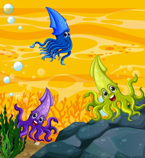 Veel Verschillende Inktvissen Cartoon Karakter Onderwater Achtergrond Illustratie — Stockvector