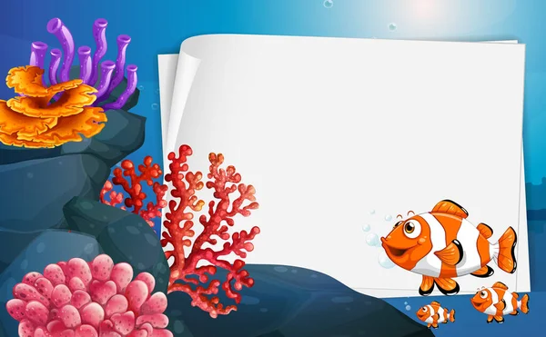 水下背景图上有小丑鱼和海底自然元素的空白纸幅 — 图库矢量图片
