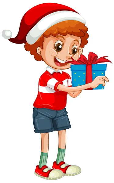 Lindo Niño Con Sombrero Navidad Sosteniendo Una Caja Regalo Ilustración — Archivo Imágenes Vectoriales