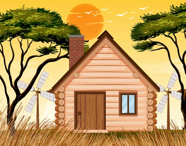 Sunset Nature House Scene Illustration — Stock Vector