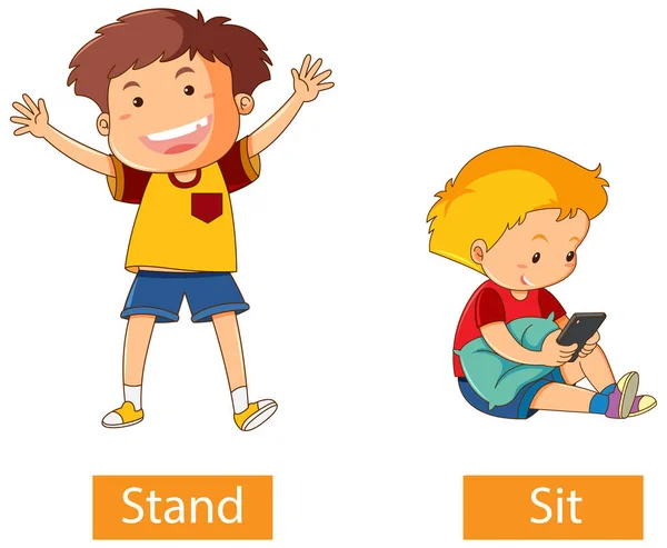 Verbo Oposto Palavras Com Stand Sit Ilustração — Vetor de Stock