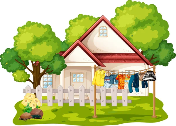 Front House Clothes Hanging Clotheslines Illustration — Stock Vector