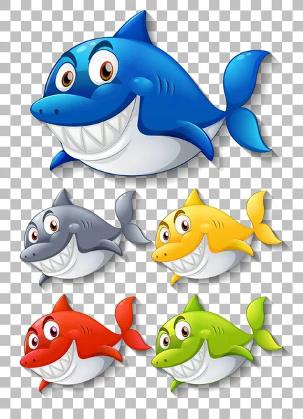 Sada Různých Barev Žralok Usměvavý Kreslený Znak Průhledném Pozadí Ilustrace — Stockový vektor