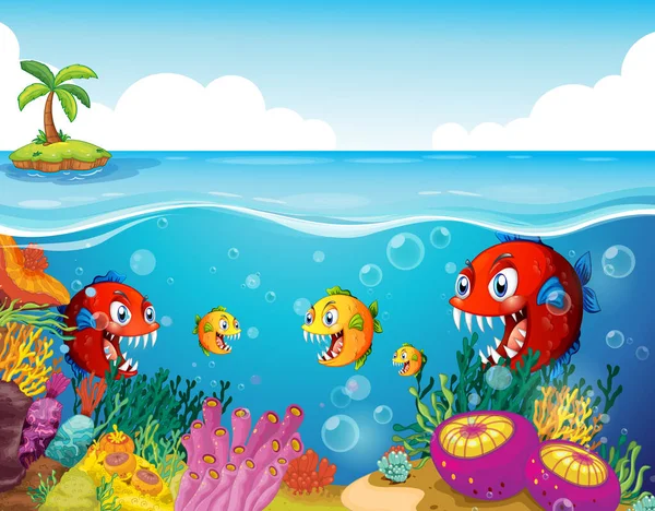 Many Exotic Fishes Cartoon Character Underwater Background Illustration — Stock Vector