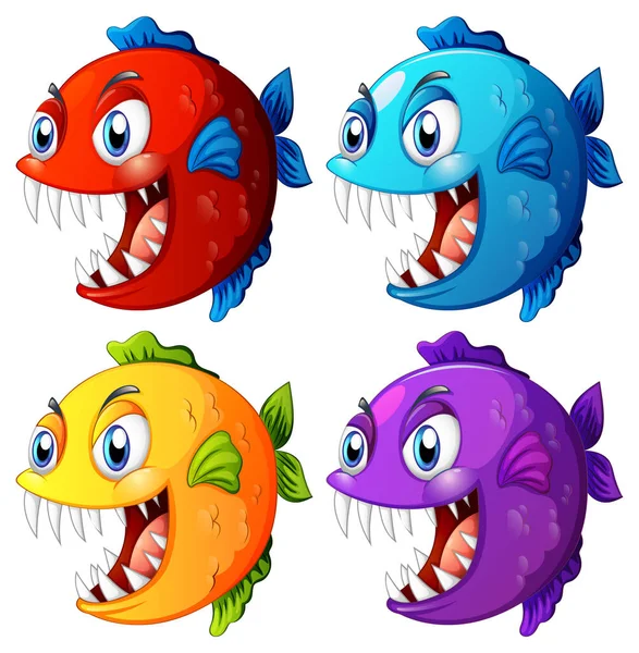 Set Different Color Exotic Fish Big Eyes Cartoon Character White — Stock Vector