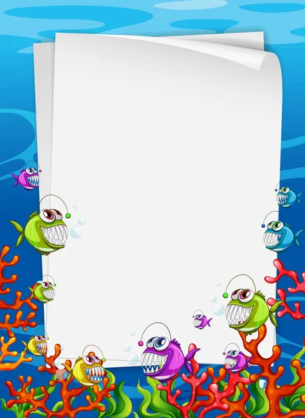 Modello Carta Bianca Con Pescatore Pesce Personaggio Dei Cartoni Animati — Vettoriale Stock