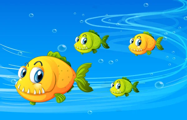 Muitos Peixes Exóticos Personagem Desenho Animado Ilustração Cena Subaquática — Vetor de Stock