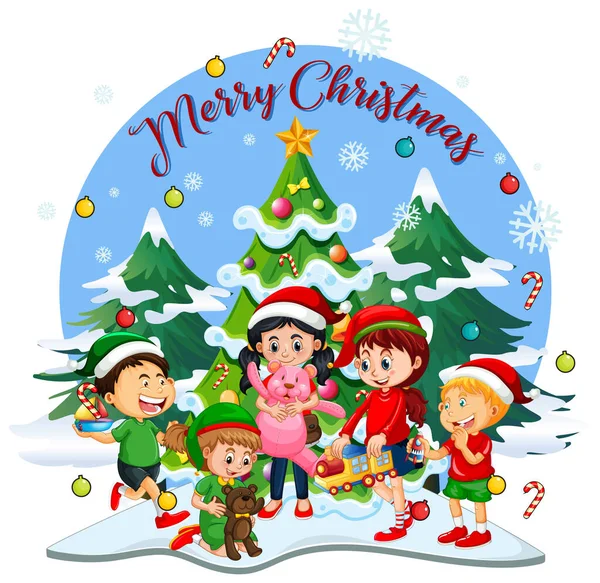 Buon Natale Font Con Bambini Che Indossano Illustrazione Costume Natale — Vettoriale Stock