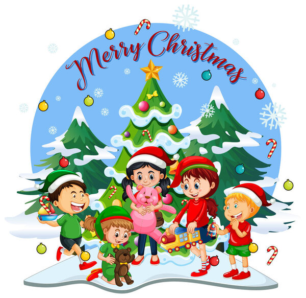 Merry Christmas font with children wearing Christmas costume illustration