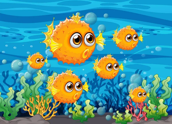 水中の背景イラストの多くのエキゾチックな魚の漫画のキャラクター — ストックベクタ