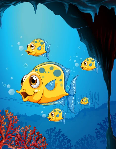 许多奇异的鱼卡通人物在水下场景与珊瑚插图 — 图库矢量图片