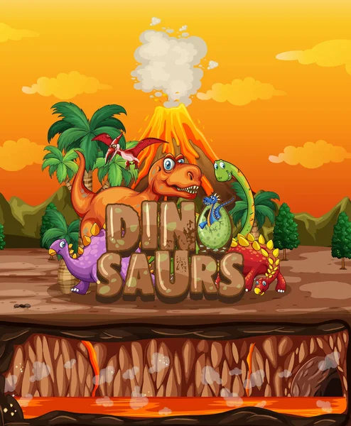 Dinossauros Personagem Cartoon Natureza Cena Ilustração — Vetor de Stock