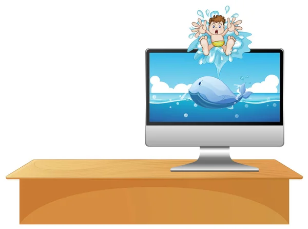 Computer Met Walvis Desktop Illustratie — Stockvector