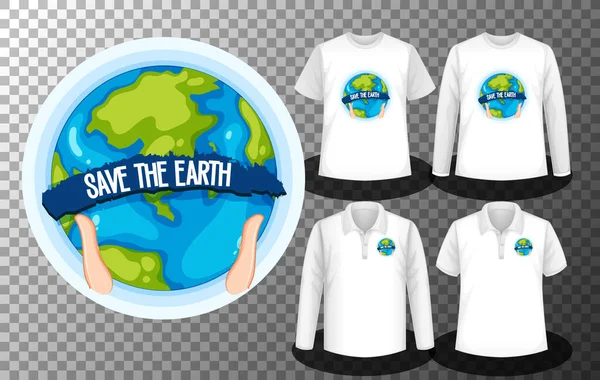 Spara Earth Logotypen Med Olika Skjortor Med Spara Earth Logotypen — Stock vektor