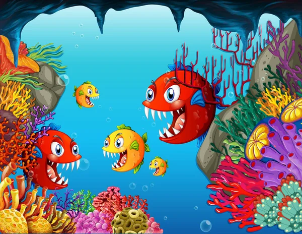 Viele Exotische Fische Zeichentrickfigur Der Unterwasser Hintergrund Illustration — Stockvektor