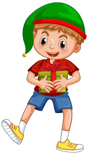 可爱的男孩戴着圣诞礼帽 手持装有白色背景图的礼品盒 — 图库矢量图片#