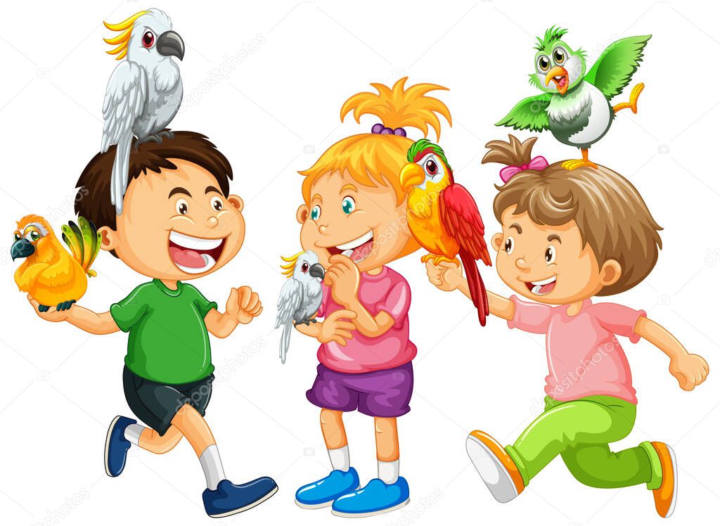 Children playing with parrot birds on white background illustration
