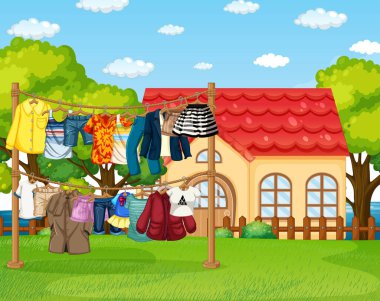 Dış mekan illüstrasyonunda birçok kıyafet bir çizgide asılı duruyor.