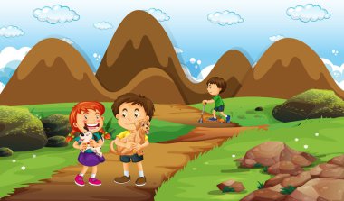 Park illüstrasyonunda birçok çocuğun oynadığı sahne