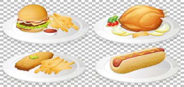 Şeffaf arkaplan illüstrasyonunda fast food seti