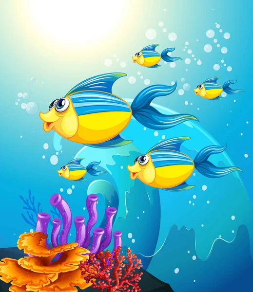 Many Exotic Fishes Cartoon Character Underwater Background Illustration — Stock Vector