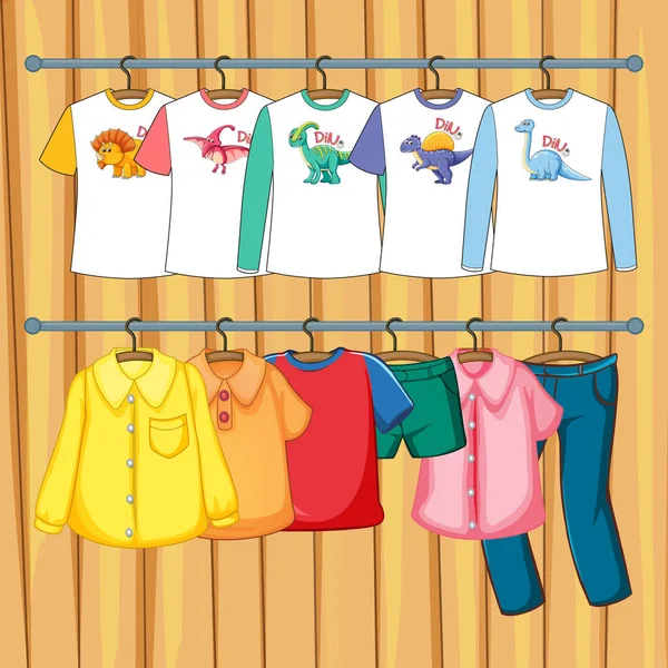 Kleding Opknoping Kledingrek Houten Muur Achtergrond Illustratie — Stockvector