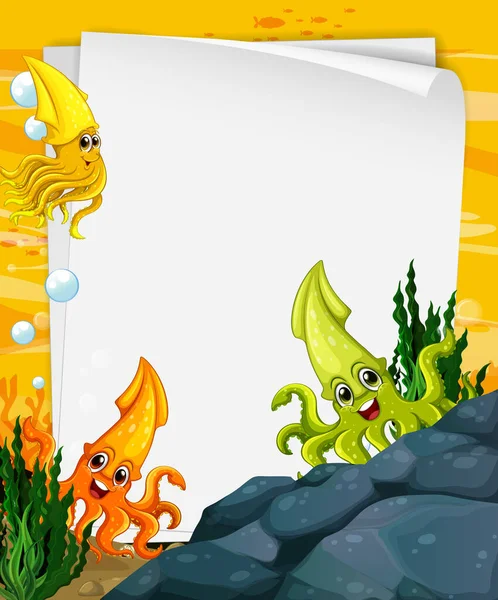 Plantilla Papel Blanco Con Muchos Calamares Personaje Dibujos Animados Escena — Vector de stock