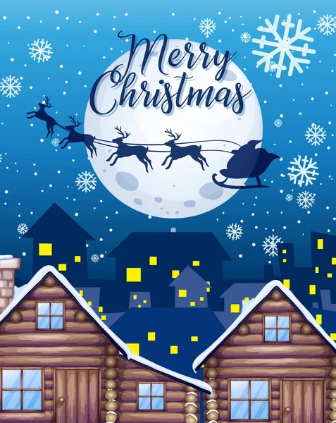 Merry Christmas Czcionka Santa Claus Sylwetka Reniferów Ilustracji Nieba — Wektor stockowy