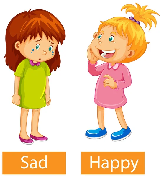 Adjetivos Opostos Palavras Com Ilustração Feliz Triste —  Vetores de Stock