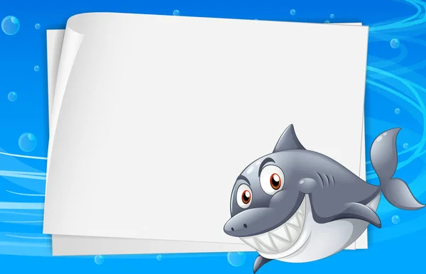 水中シーンのイラストにサメの漫画のキャラクターとブランクペーパーテンプレート — ストックベクタ
