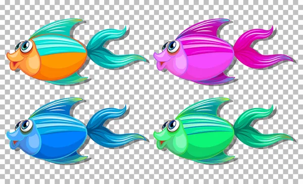 Ensemble Poissons Différentes Couleurs Avec Gros Yeux Personnage Dessin Animé — Image vectorielle