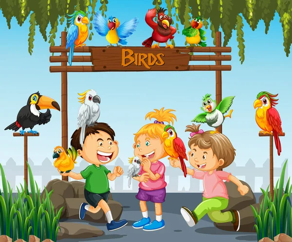 Niños Jugando Con Pájaros Loro Escena Del Zoológico Ilustración — Vector de stock