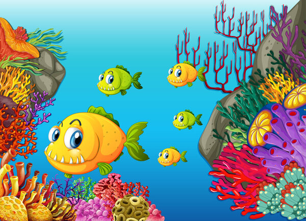 Many exotic fishes cartoon character in the underwater scene with corals illustration