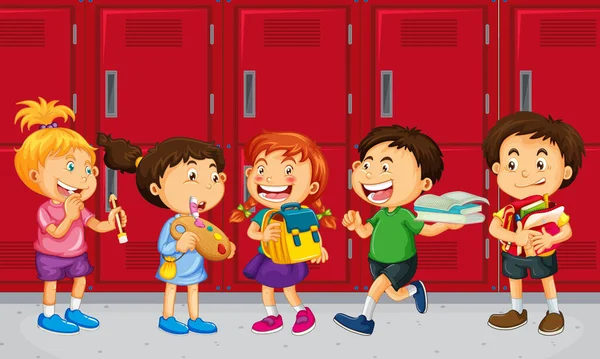 Děti Mluví Svými Přáteli Školní Skříňky Pozadí Ilustrace — Stockový vektor