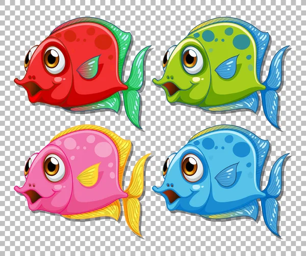 Set Different Color Exotic Fish Cartoon Character Transparent Background Illustration — Stock Vector