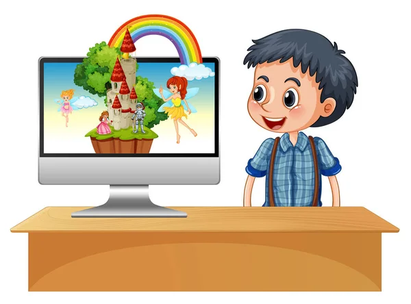 デスクトップ画面のイラストで妖精とコンピュータの隣に幸せな男の子 — ストックベクタ