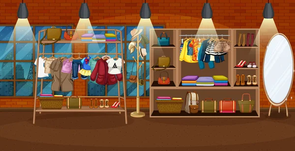 Ropa Colgada Estante Ropa Con Accesorios Los Estantes Escena Habitación — Vector de stock