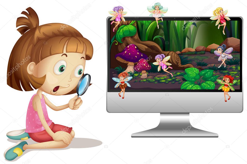 A cute girl with fairy tale on computer background illustration