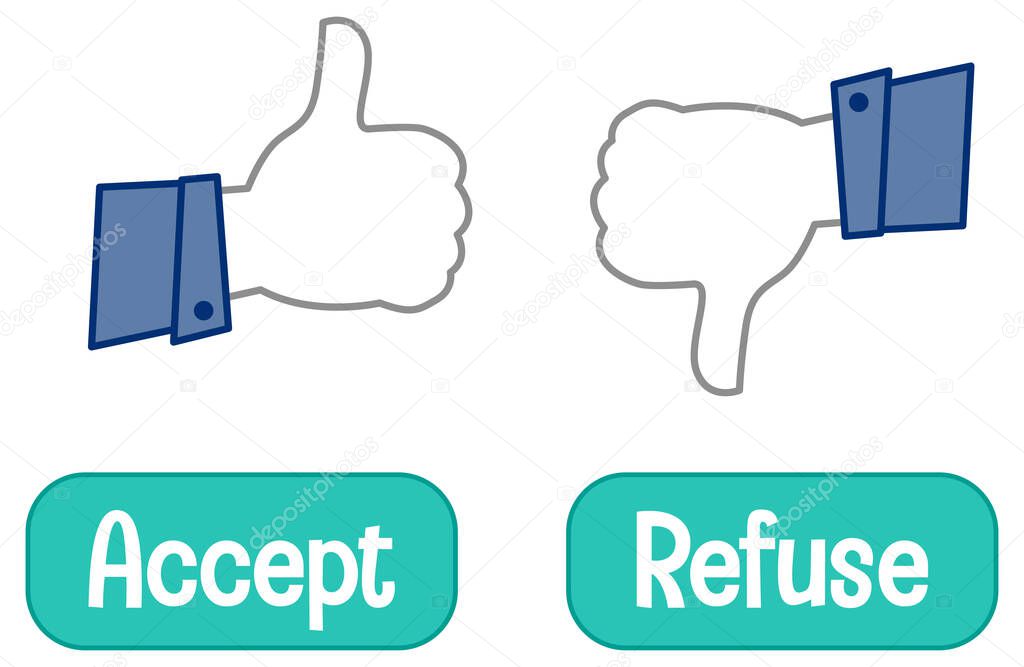 Opposite words with accept and refuse (Thumb signal) illustration