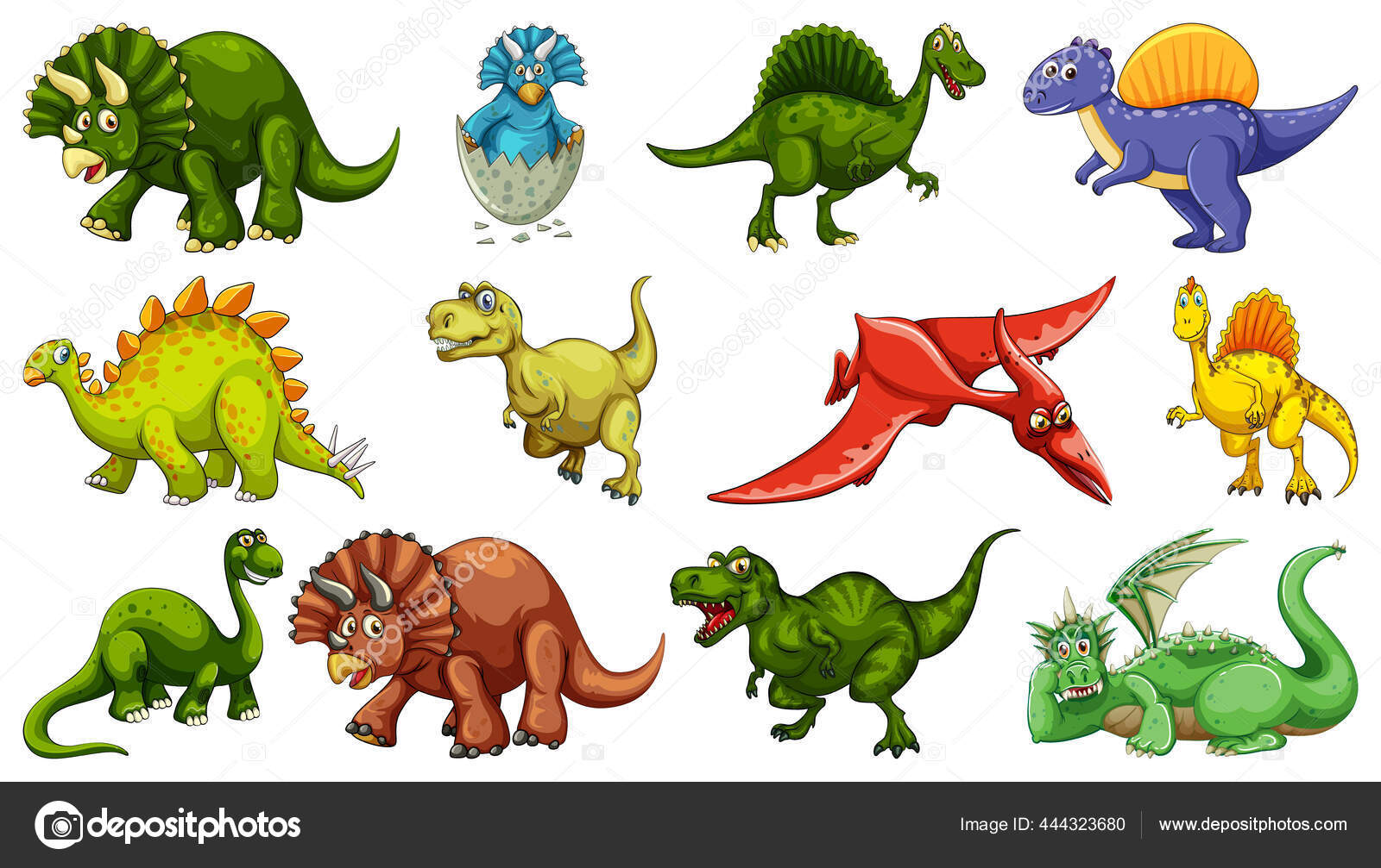 Conjunto de personagens de dinossauros de desenho animado