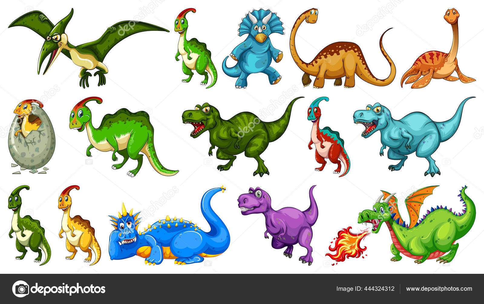 Coleção de dinossauros de desenhos animados de diferentes tipos.